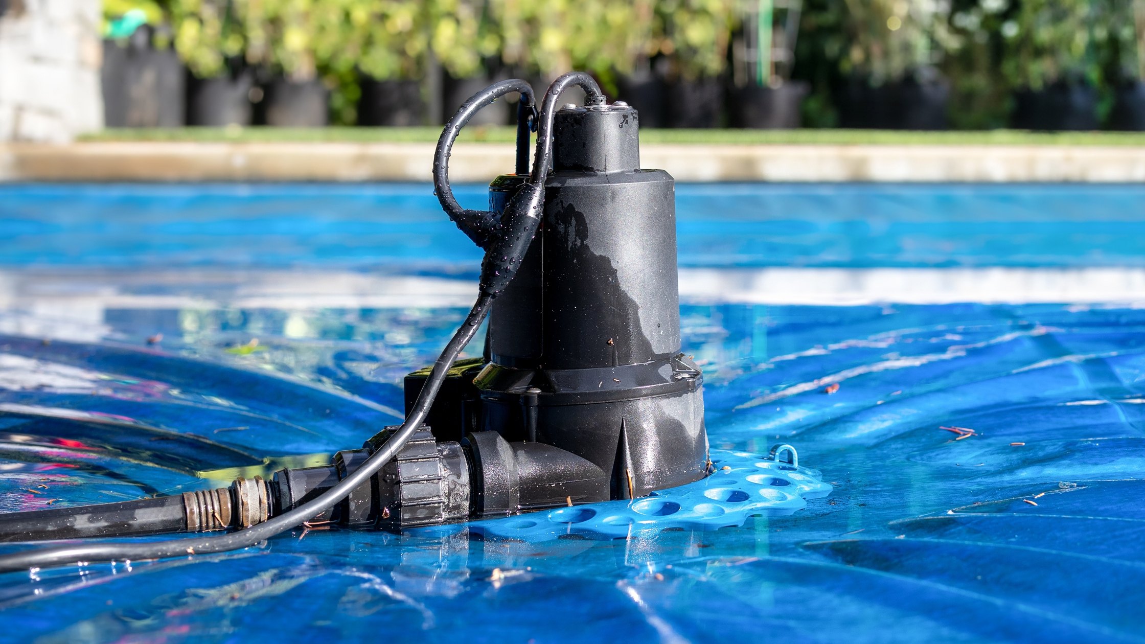 Use a pool cover pump to remove water from a pool cover.