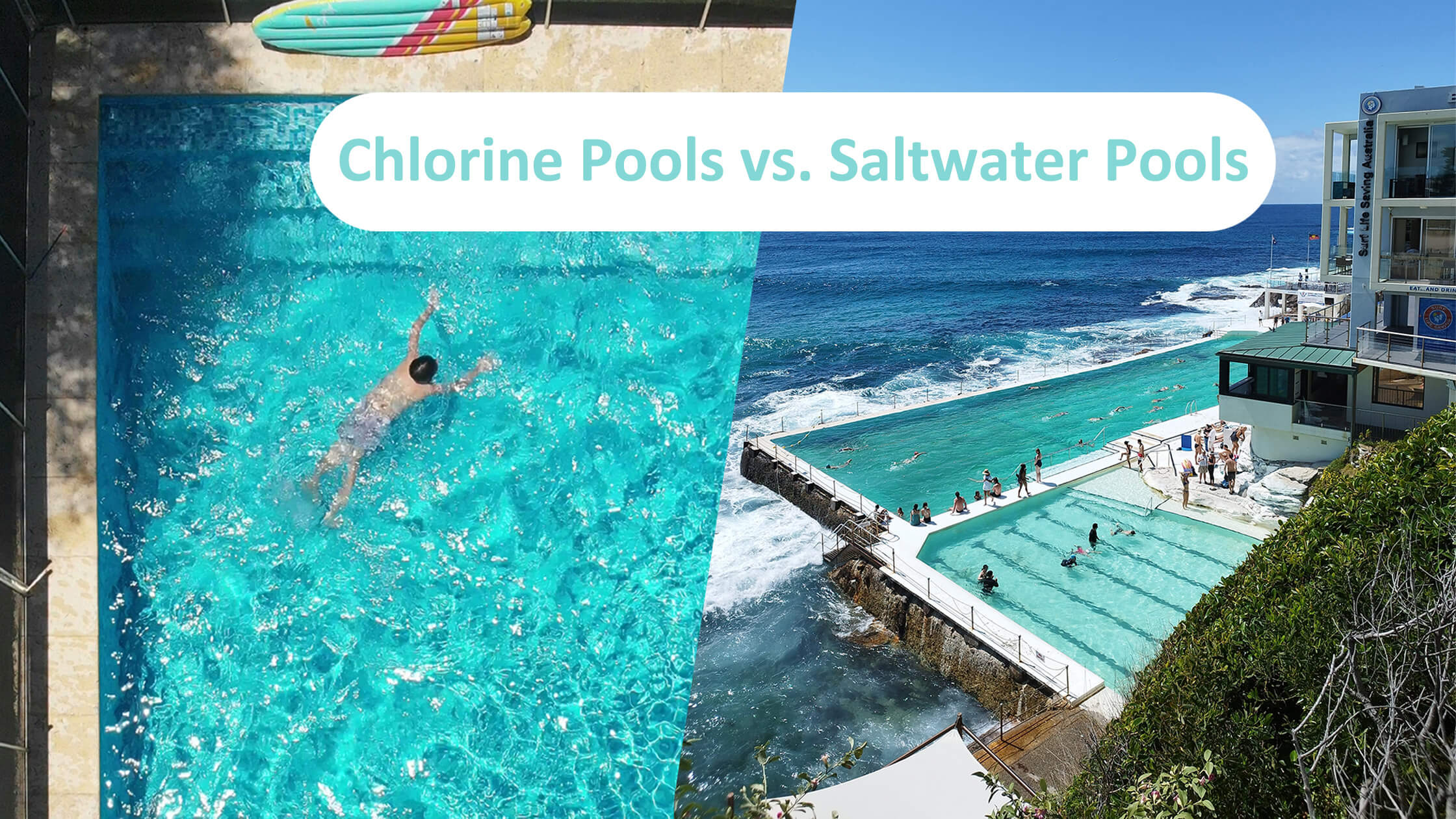 Comparison of chlorine and saltwater pools with swimmers and scenic views