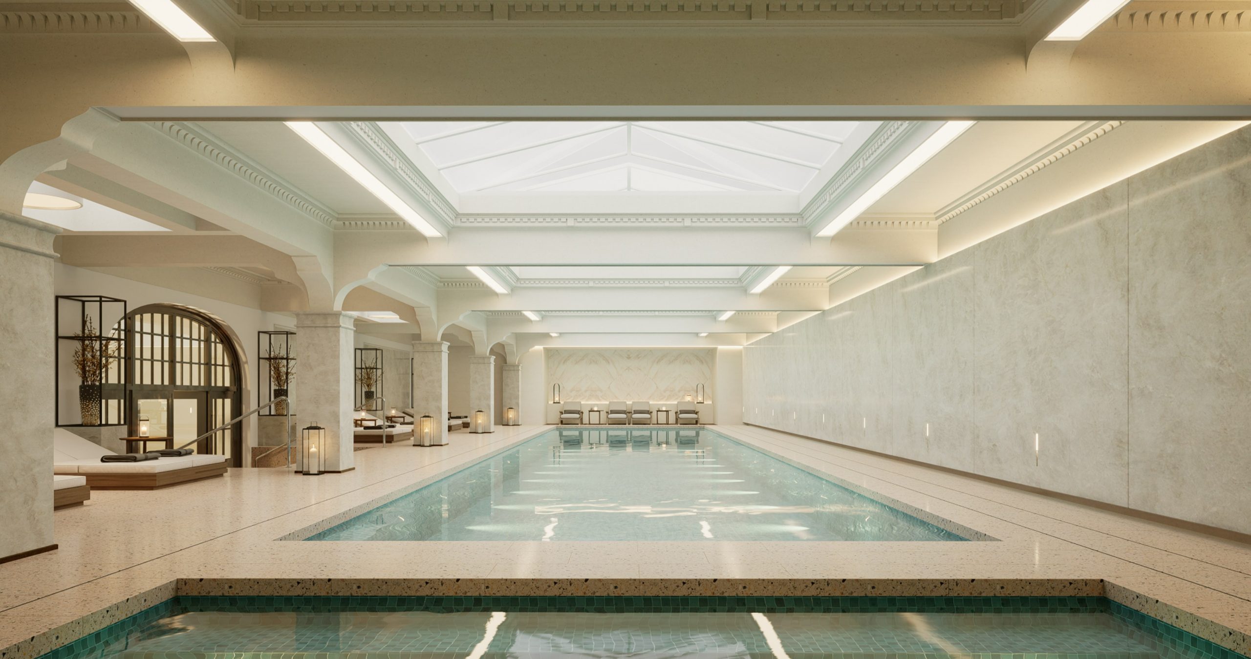 An indoor swimming pool with cozy atmosphere.