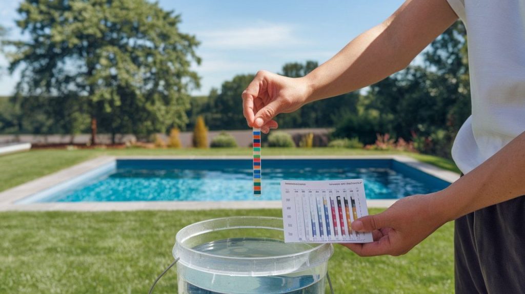 Person holding a test strip for pool water testing near a swimming pool.