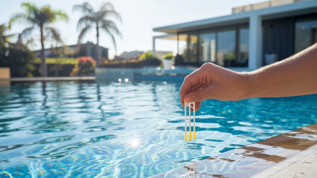 Pool water testing on a sunny day with test strips near the water.