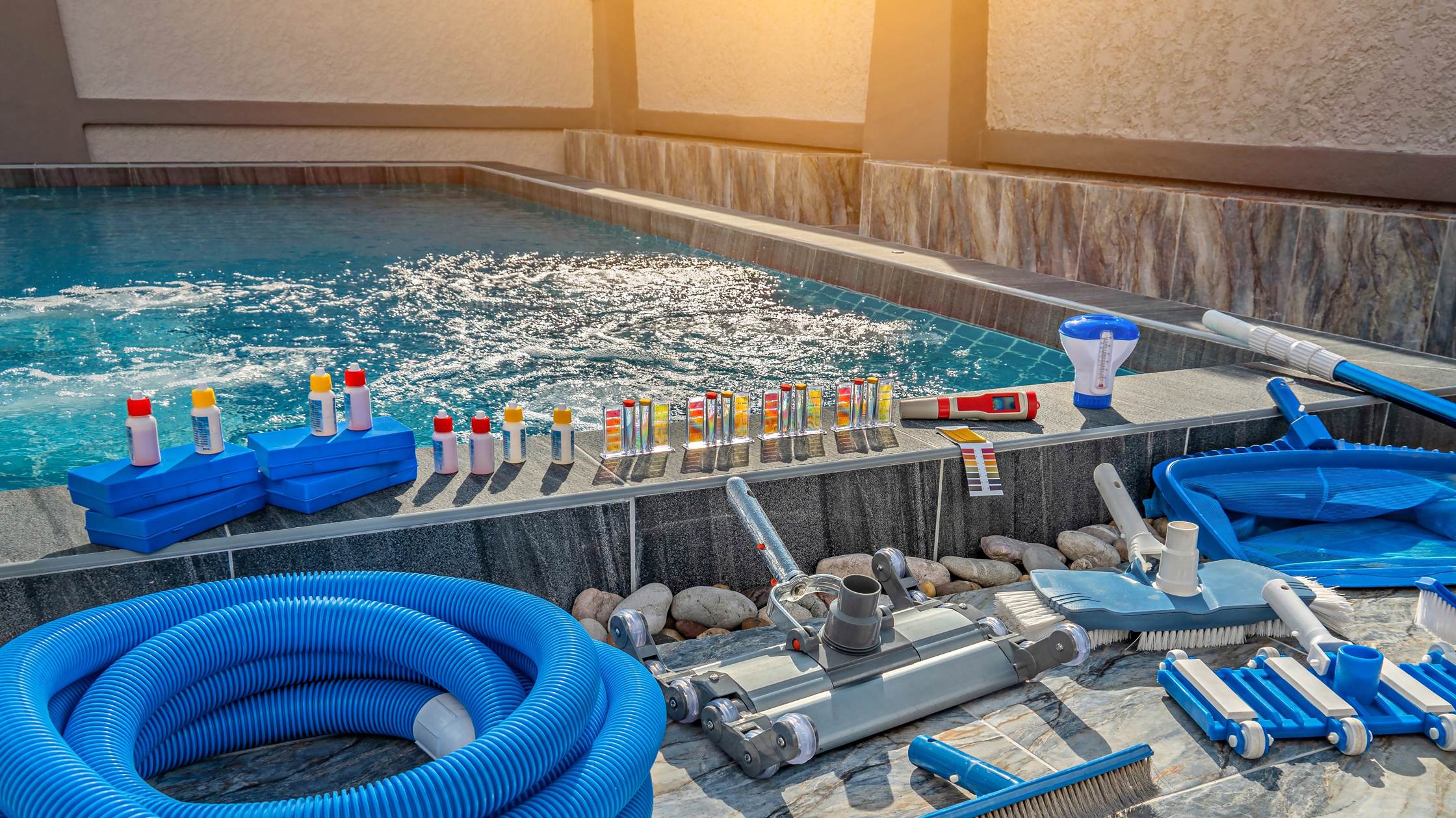 All kinds of tools for saltwater pool maintenance.